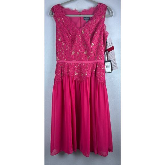 NWT Adrianna Papell Sz 8 Chiffon Lace Overlay Fit N Flare Dk Pink Zip Drop Waist - Picture 2 of 16
